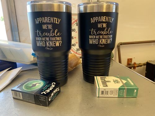 Customer photo review of Apparently Trouble When We're Together Laser Etched Tumbler