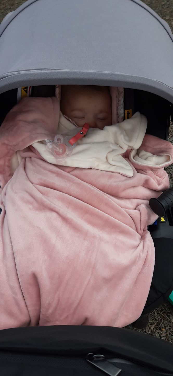Customer photo review of Minky Bee Stroller Blanket Dusty Pink/Ivory