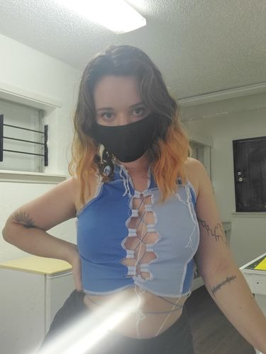 Customer photo review of Lace up patchwork blue top