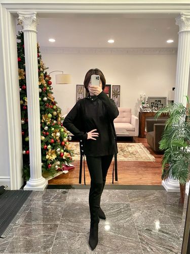 Customer photo review of Chic black cotton Blouse high neck asymmetric daily blouse
