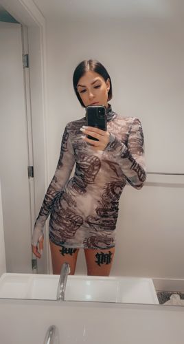 Customer photo review of High neck dragon graphic sheer mesh dress