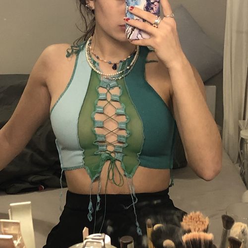 Customer photo review of Sleeveless sheer lace up crop top