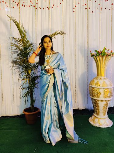Customer photo review of Sky Blue Zari Woven Beautiful South Silk Saree