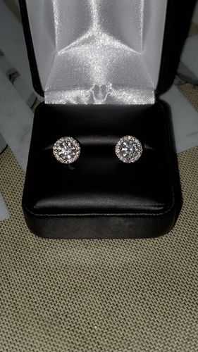 Customer photo review of 4.36 Carat Certified VVS1 Moissanite Halo Earrings