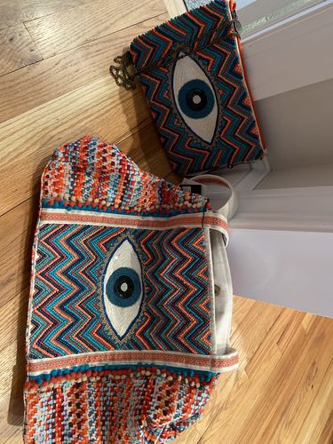 Customer photo review of Evil Eye Good Luck Hand Beaded Orange and Blue Tote Bag