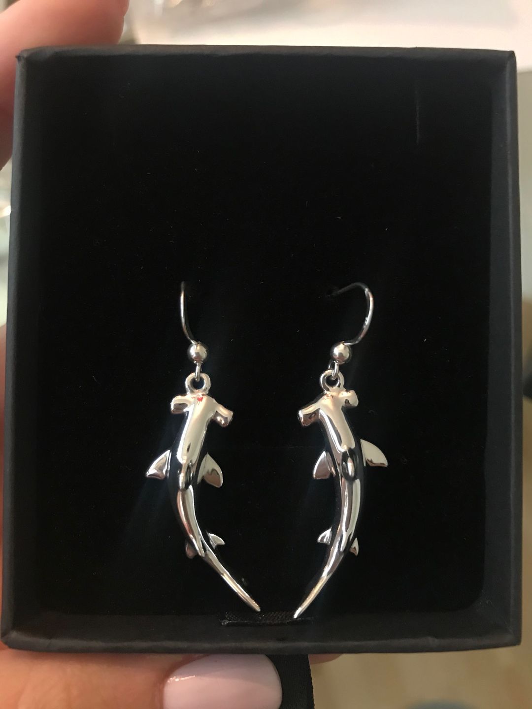 Customer photo review of Peter Stone 925 Sterling Silver Hammerhead Shark Earrings