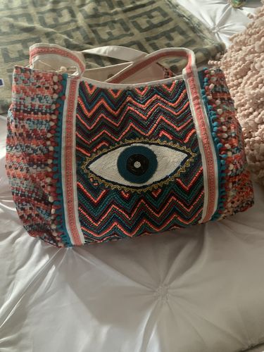 Customer photo review of Evil Eye Good Luck Hand Beaded Orange and Blue Tote Bag