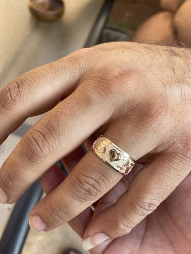 Customer photo review of 14K Yellow Gold Plumeria Scrolling Raise Letter Cut Out Edge Hawaiian Heirloom Ring 8mm/10mm