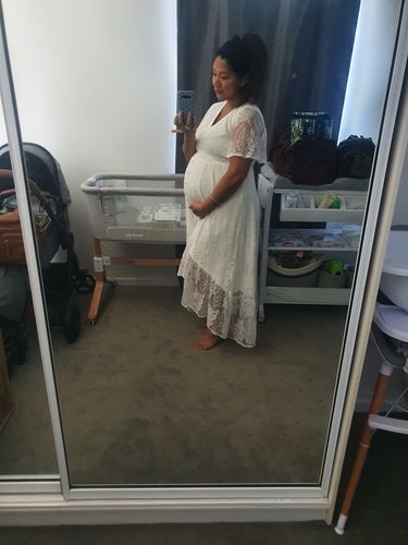 Customer photo review of The Wanderer White Lace Maternity Gown