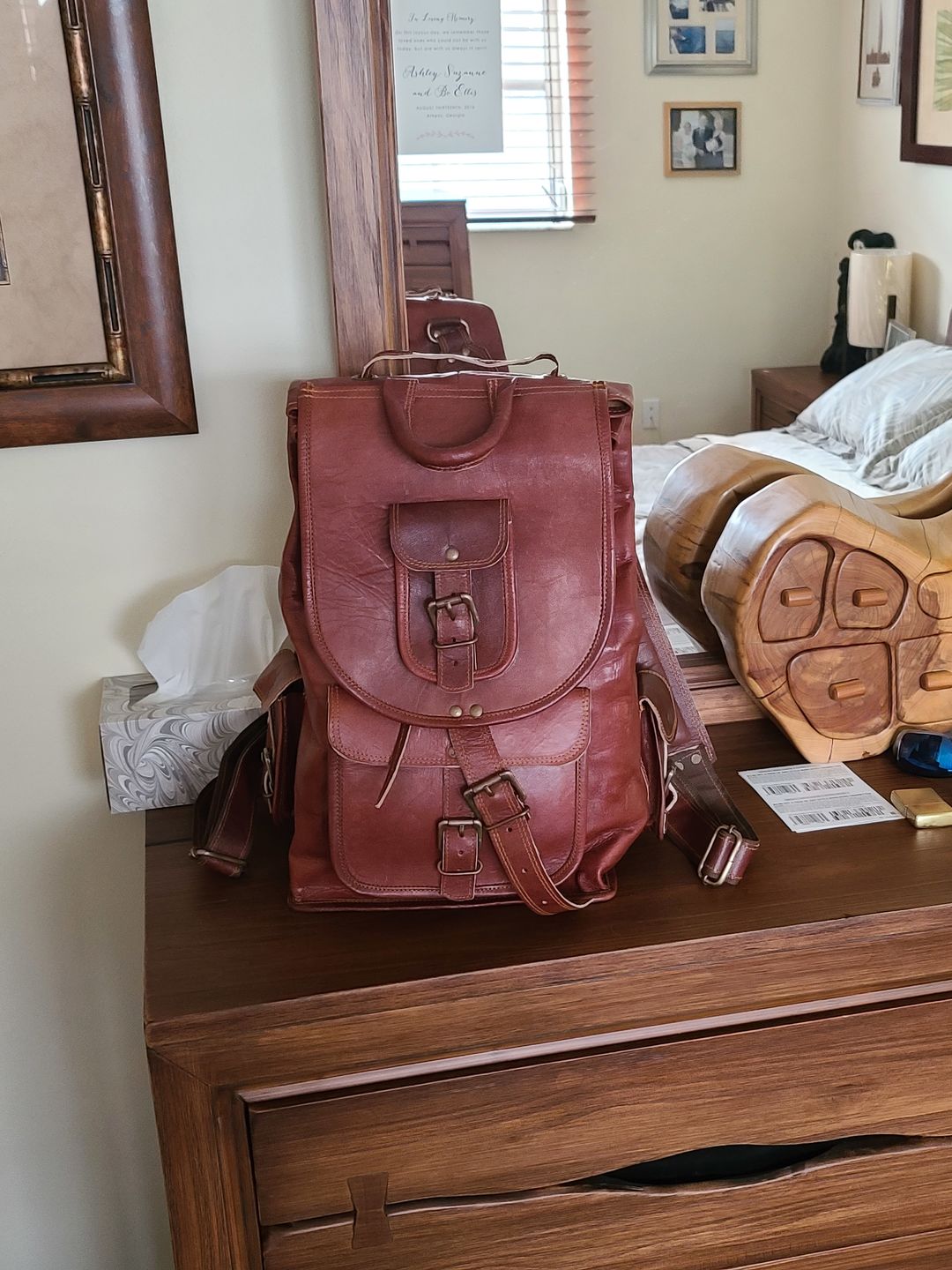 Customer photo review of Large Leather Outdoor Hiking Travel Backpack Rucksack