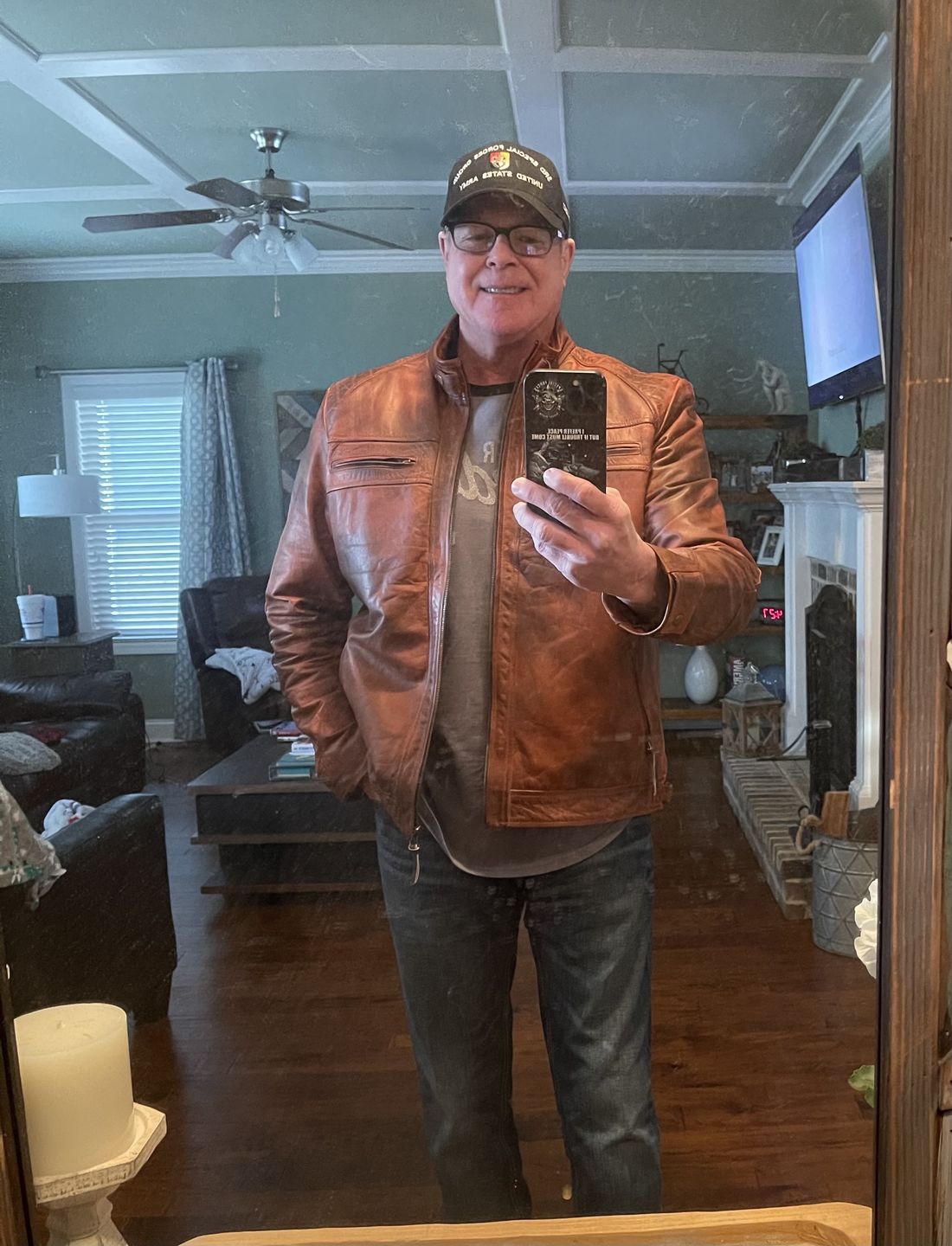 Customer photo review of Men Rugged Racer Leather Jacket
