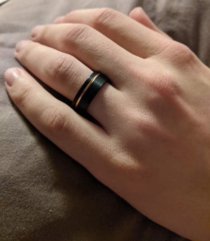 Customer photo review of Rosewood Burl and Black Tungsten with Rose Gold