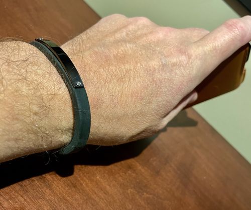 Customer photo review of Black Leather Stainless Steel Engravable ID Bracelet