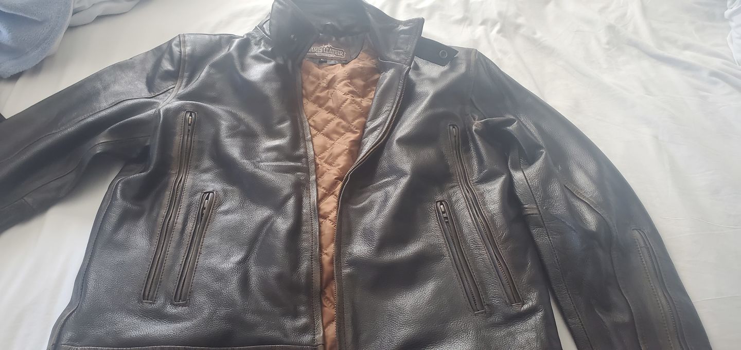 Customer photo review of Brown Cafe Racer Leather Jacket