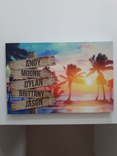Customer photo review of Beach and Palm Trees V1 Color Personalized Names Premium Canvas