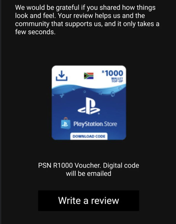 Customer photo review of PSN R1000 Voucher. Digital code will be emailed