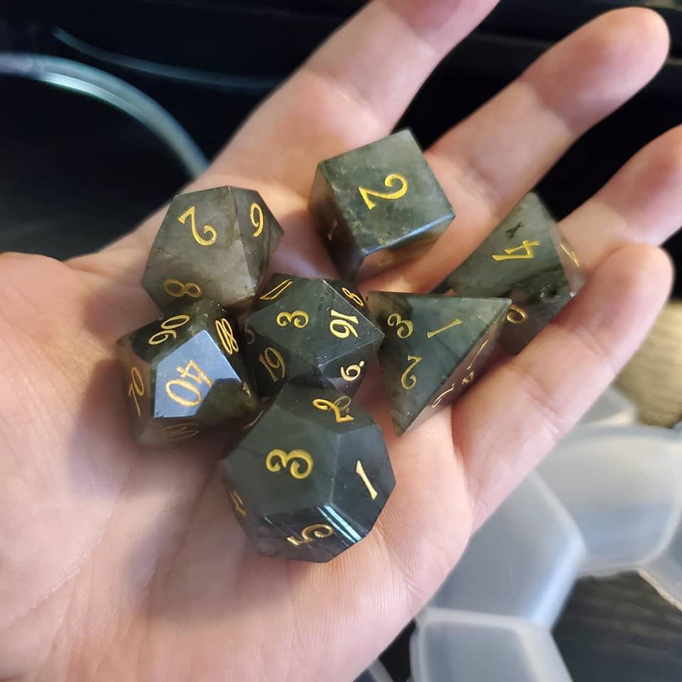 Customer photo review of URWizards Dnd Labradorite Gemstone Engraved Dice Set  Moon Style
