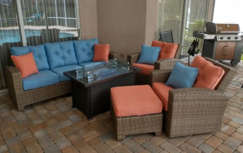 Customer photo review of 44" Propane Gas Fire Pit Table 50000 BTU Auto-Ignition with Windguard, Glass Stone, Brown