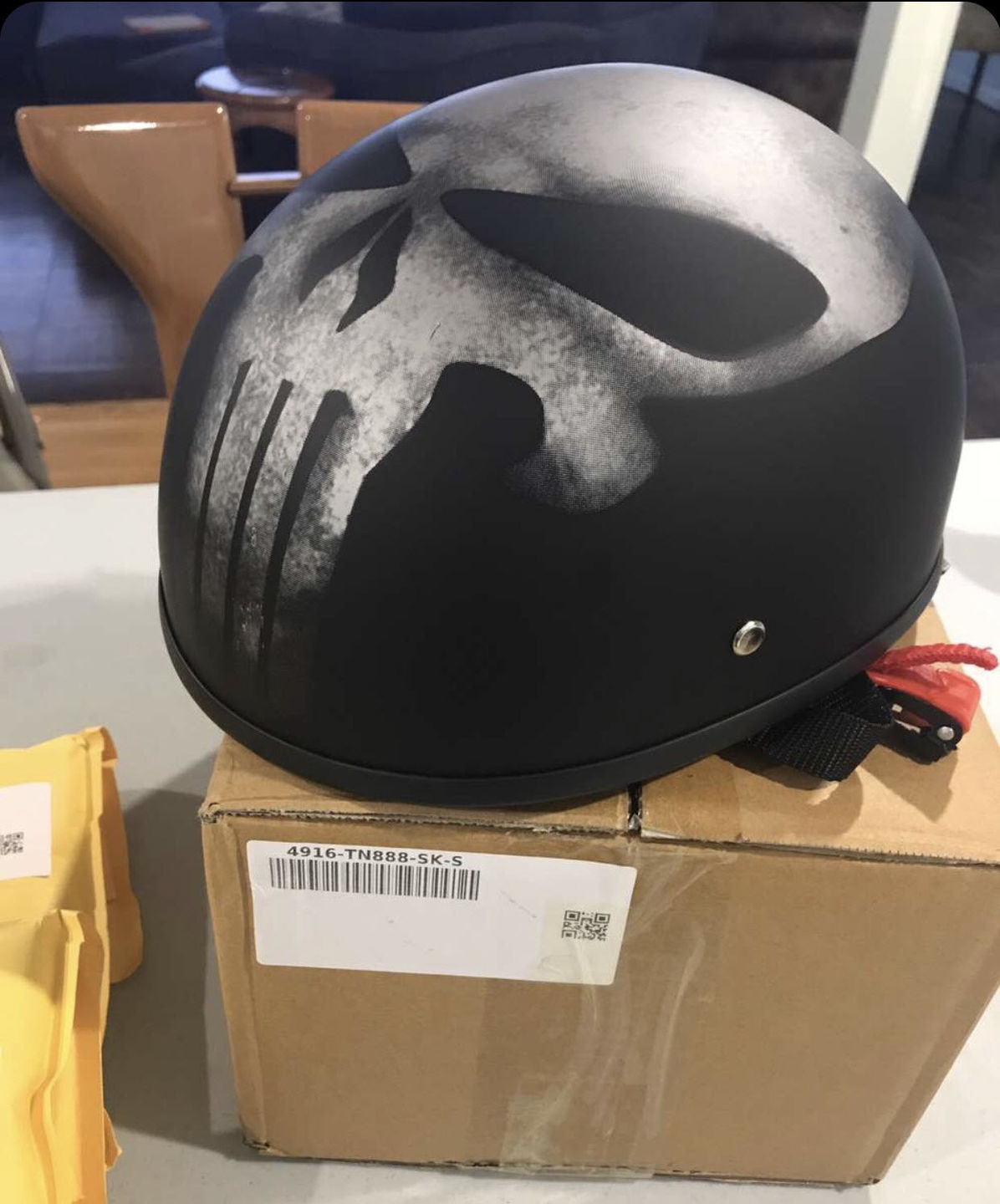 Customer photo review of Smallest Lightest SOA Beanie ECE/AS/NZ Helmet - Punisher Skull