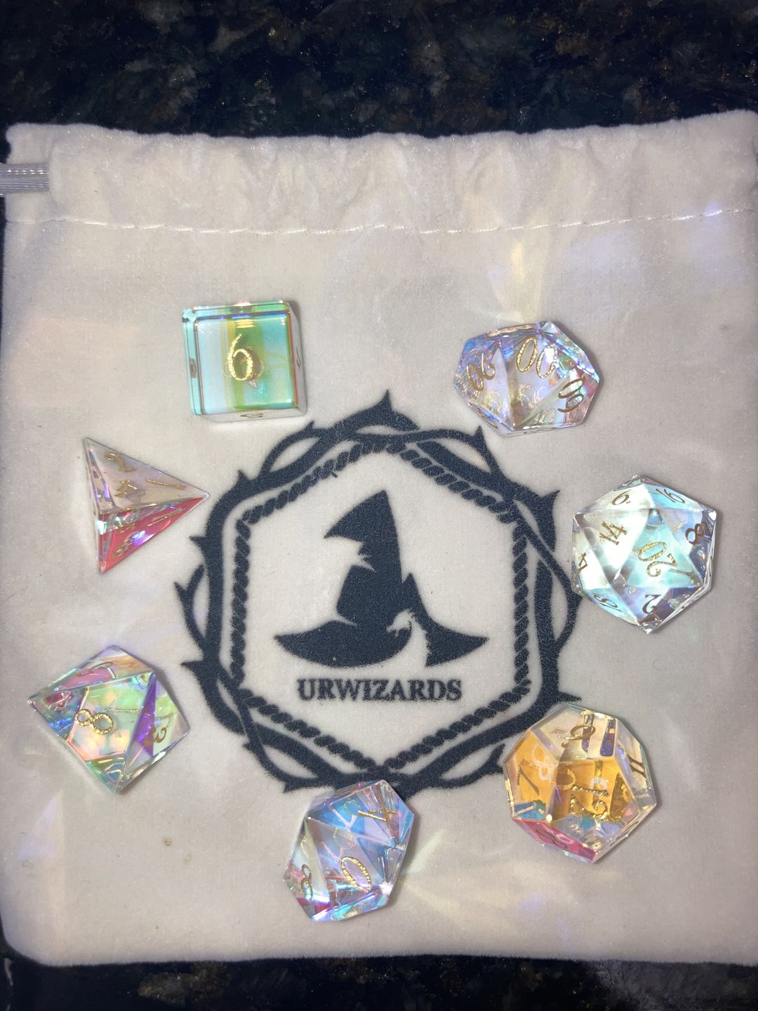 Customer photo review of URWizards Dnd Dichroic Prism Glass Gemstone Engraved Dice Set