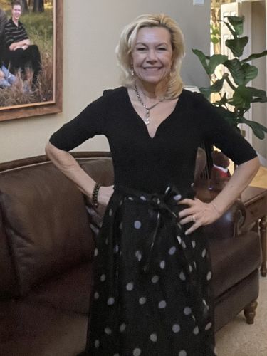 Customer photo review of Joseph Ribkoff Black/White V-Neck Sheer Polka Dot Midi Dress 203440 NEW