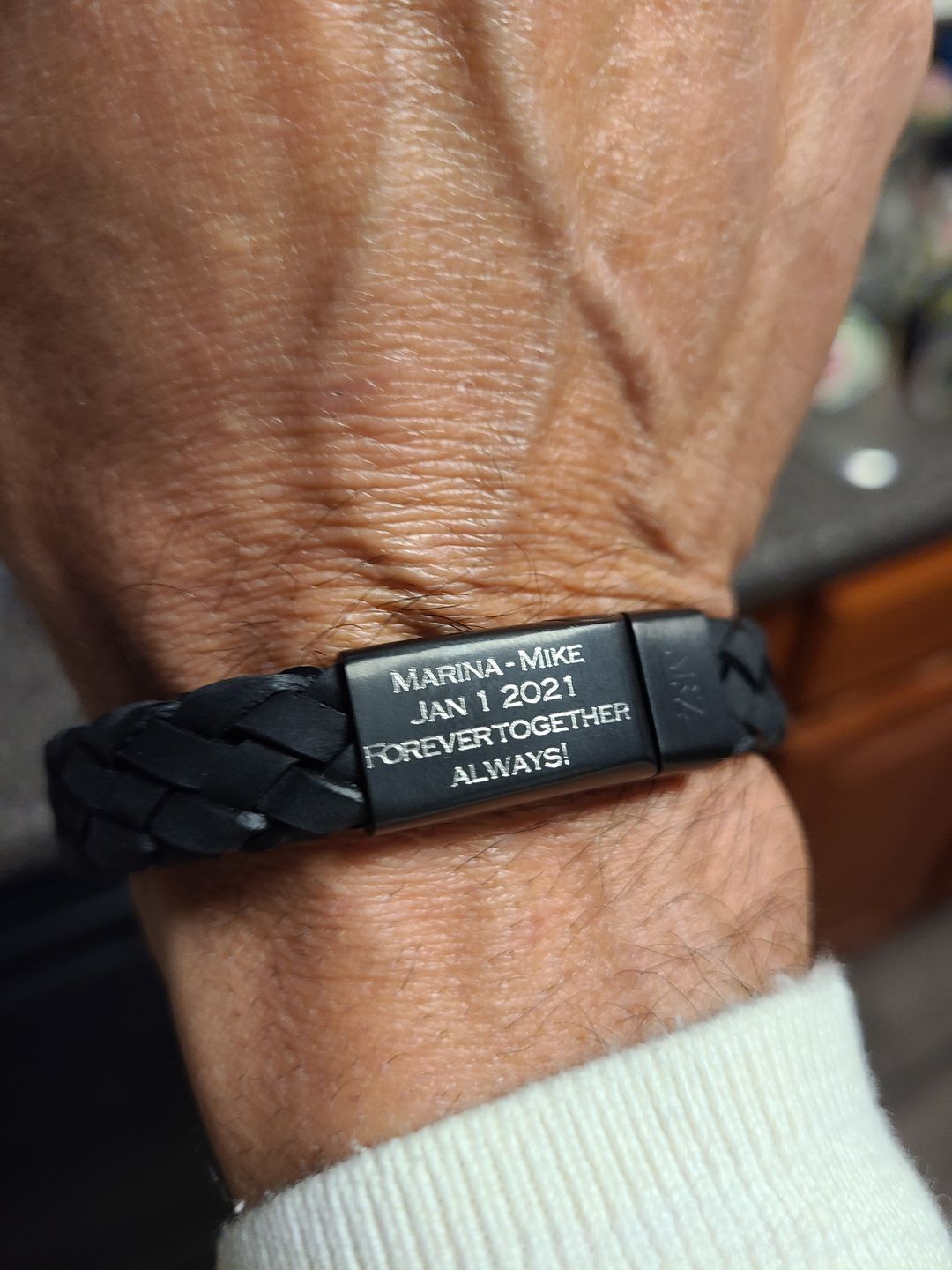 Customer photo review of Black on Black Braided Italian Leather Engravable Bracelet
