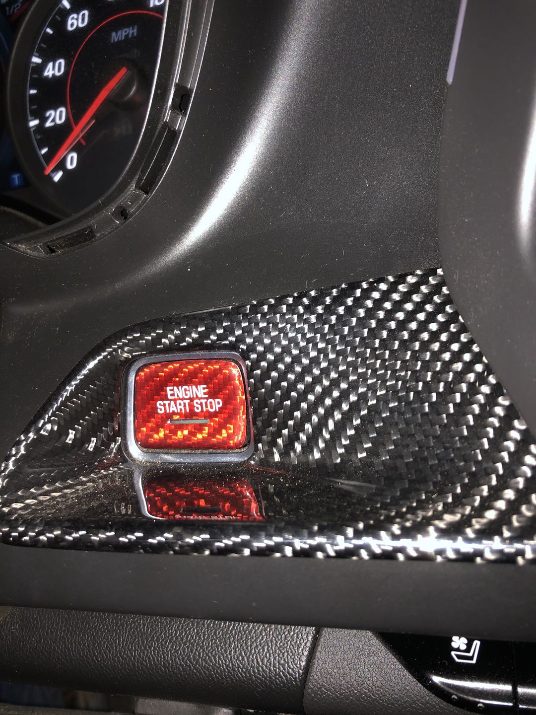 Customer photo review of CARBON FIBER PUSH START BUTTON COVER WITH LIGHT CUT OUT (BLACK/RED/BLUE) for 2016-2020 CAMARO/2014-2016 C7 CORVETTE