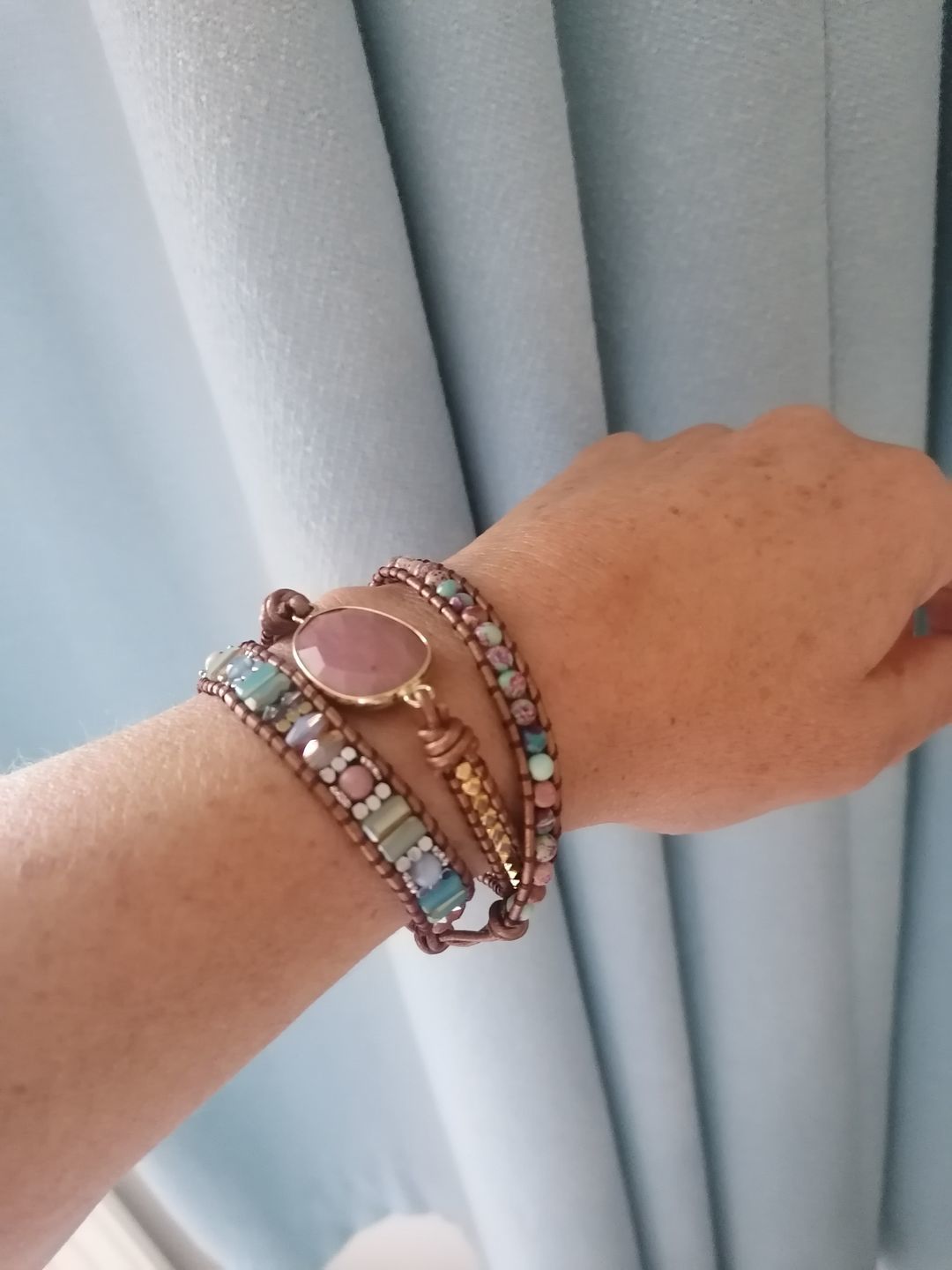 Customer photo review of Natural Rhodonite & Jasper Wrap Bracelet
