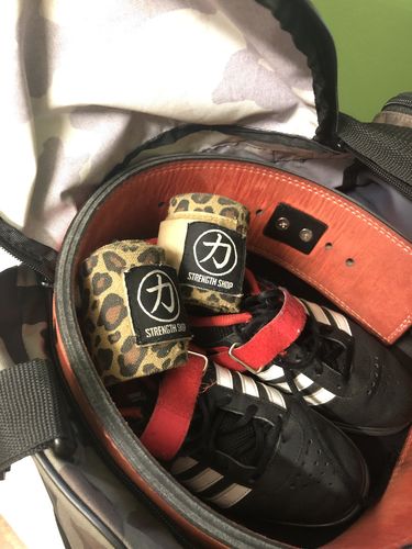 Customer photo review of Strength Shop Stiff Wrist Wraps - Leopard - IPF Approved