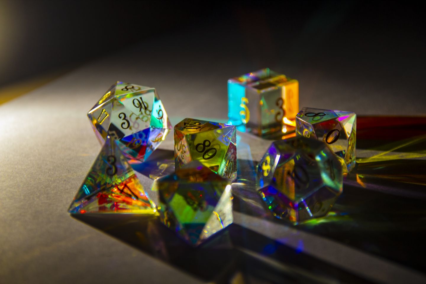 Customer photo review of URWizards Dnd Dichroic Prism Glass Gemstone Engraved Dice Set