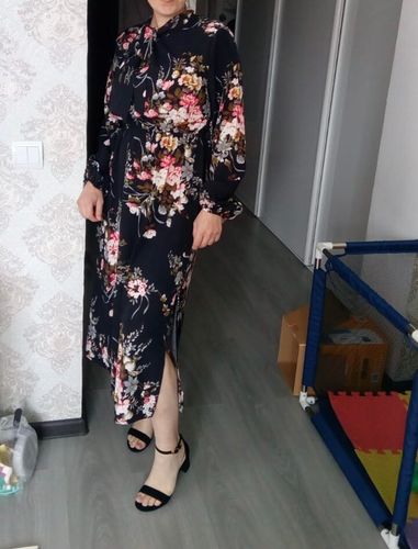 Customer photo review of Puff Sleeve Spring Winter Floral Dress Women Casual Bow Stand Collar High Wasit Long Sleeve Dress