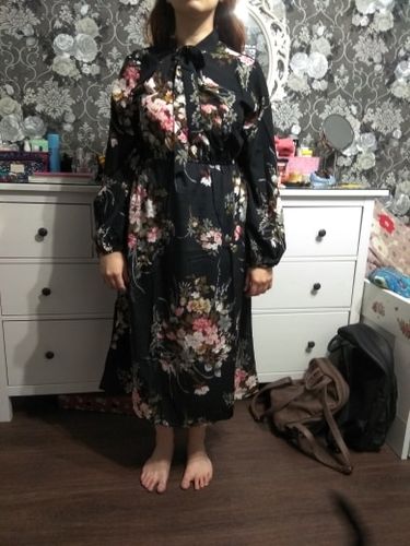 Customer photo review of Puff Sleeve Spring Winter Floral Dress Women Casual Bow Stand Collar High Wasit Long Sleeve Dress