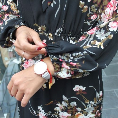 Customer photo review of Puff Sleeve Spring Winter Floral Dress Women Casual Bow Stand Collar High Wasit Long Sleeve Dress