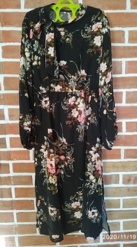 Customer photo review of Puff Sleeve Spring Winter Floral Dress Women Casual Bow Stand Collar High Wasit Long Sleeve Dress