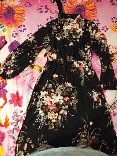 Customer photo review of Puff Sleeve Spring Winter Floral Dress Women Casual Bow Stand Collar High Wasit Long Sleeve Dress