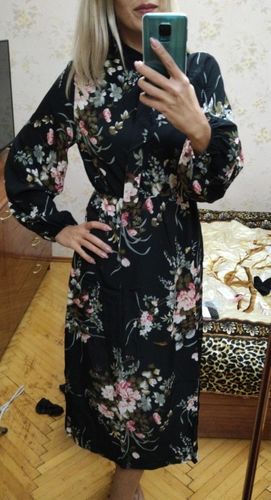 Customer photo review of Puff Sleeve Spring Winter Floral Dress Women Casual Bow Stand Collar High Wasit Long Sleeve Dress