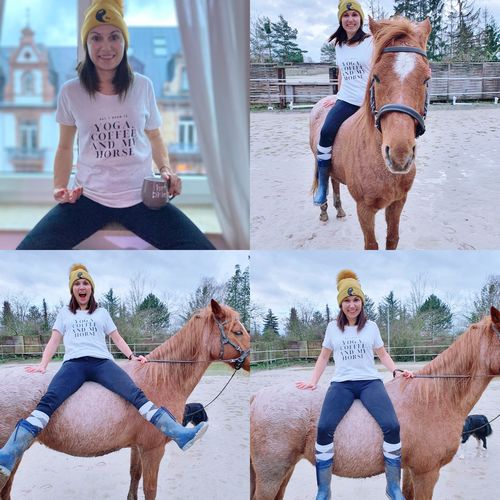 Customer photo review of 100% Organic Damen Shirt »All I need is Yoga, Coffee and my Horse«