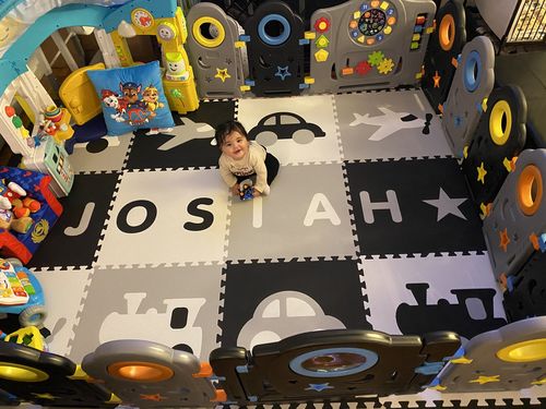 Customer photo review of Easy Personalize- SoftTiles Transportationi Play Mat Blk, Wht, Lt Gray- 8 Letter Name Centered 6.5' x 8.5'