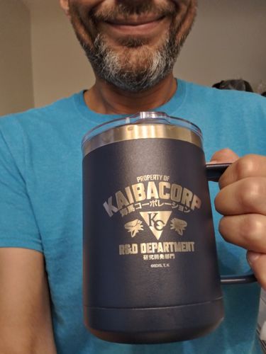 Customer photo review of Kaiba Corp R&D Dept. - Laser Etched Stainless Steel Coffee Mug