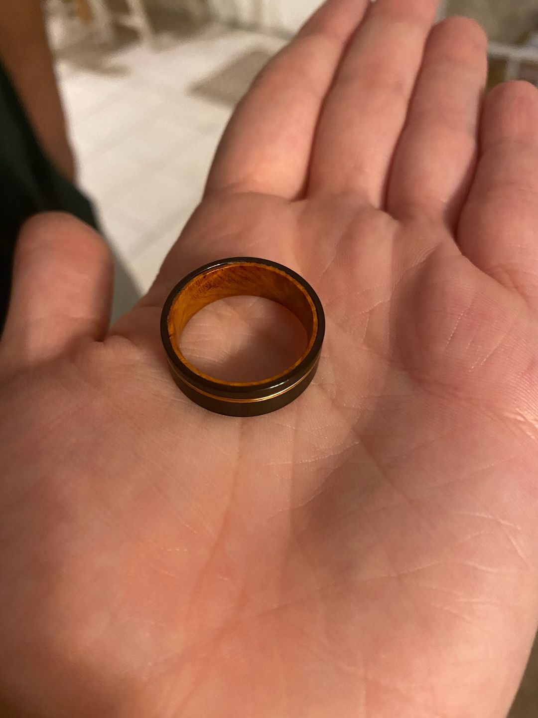 Customer photo review of Rosewood Burl and Black Tungsten with Rose Gold