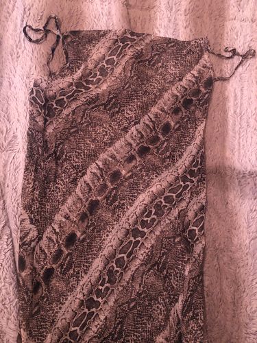 Customer photo review of Cowl neck open back snake print slit sheer maxi dress