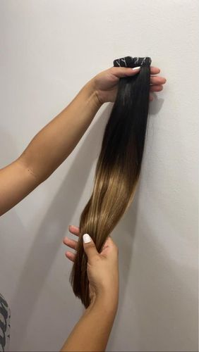 Customer photo review of Full Shine Tape in Hair Extensions 100% Remy Human Hair Balayage Ombre 40 Pieces 100 Grams (4/24/4)