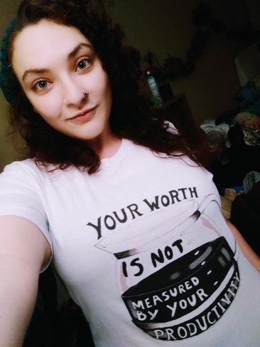 Customer photo review of Your Worth Is Not Measured By Your Productivity (Coffee Pot) -- T-Shirt