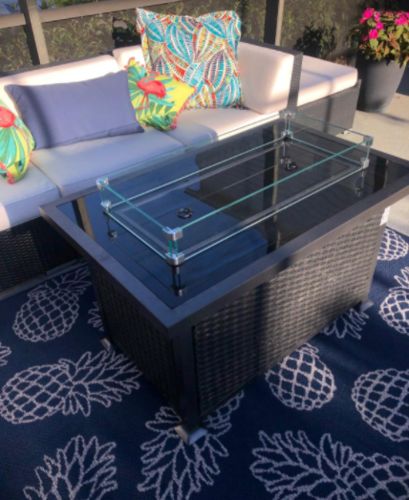 Customer photo review of 44" Propane Gas Fire Pit Table 50000 BTU Auto-Ignition with Windguard, Tempered Glass Tabletop & Glass Stone, Black