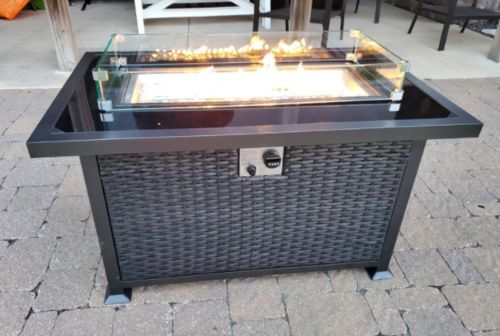 Customer photo review of 44" Propane Gas Fire Pit Table 50000 BTU Auto-Ignition with Windguard, Tempered Glass Tabletop & Glass Stone, Black