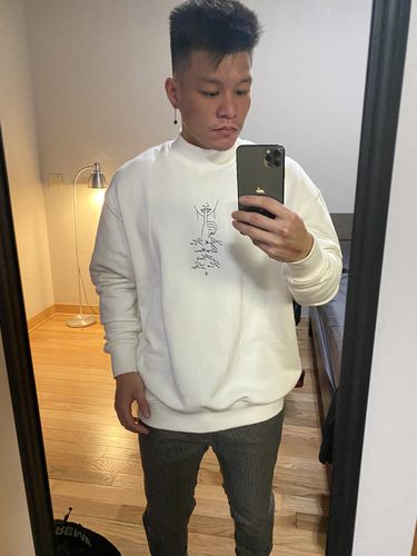 Customer photo review of Shell Corp Ask No Questions Hear No Lies Sweater - White