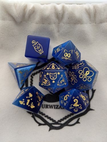 Customer photo review of URWizards Dnd Engraved Blue Cat's Eye Dice Set Meow Style