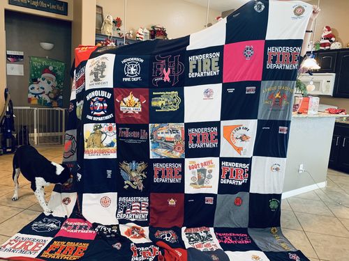 T-shirt quilt with firefighting, emergency services themes by Darlene from NV