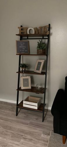 Customer photo review of 5 Tier Vertical Bookshelf Industrial Wall-Mounted Ladder Bookcase