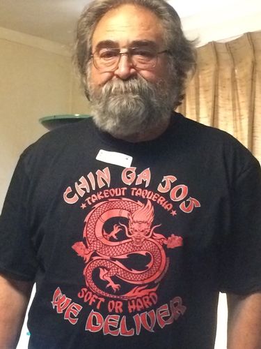 Customer photo review of Chingasos Taqueria Old School Takeout T-Shirt